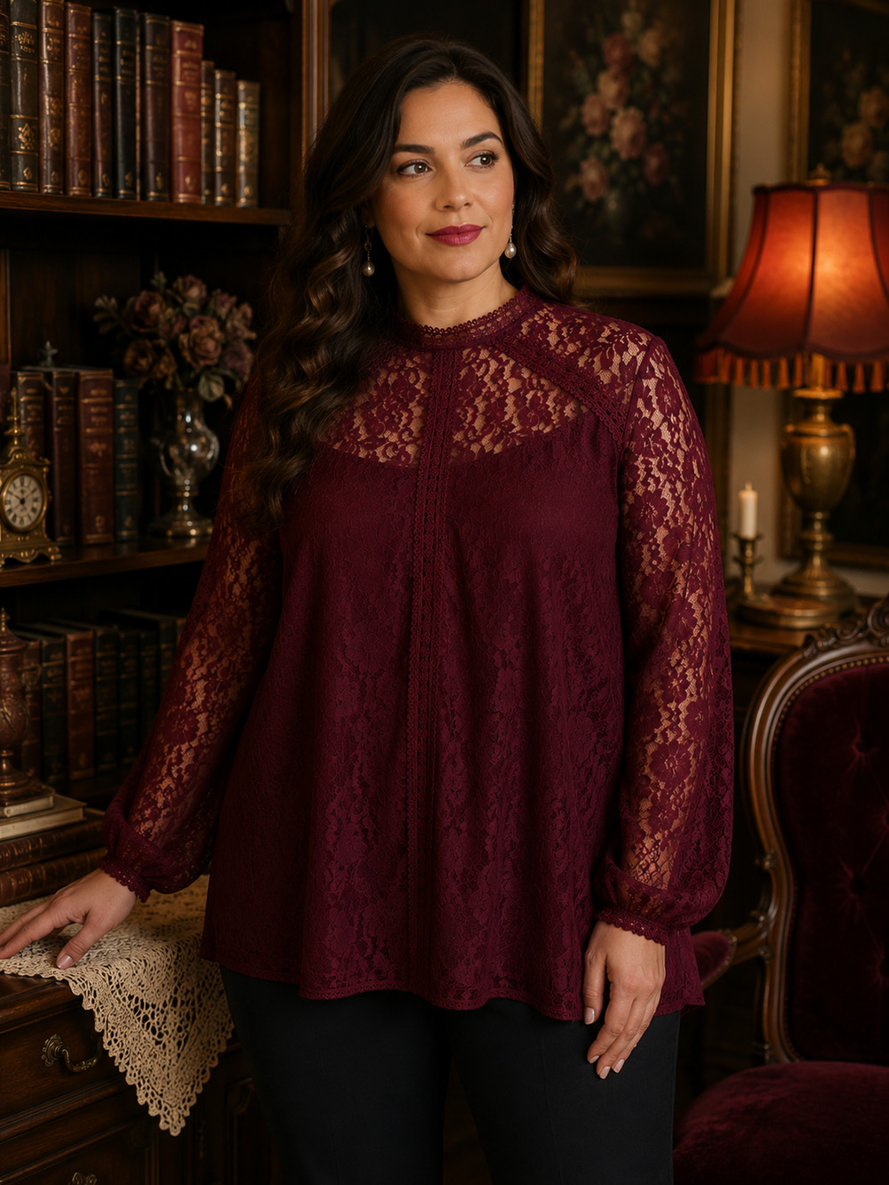 Cable & Gauge Lace Blouse Womens Burgundy Sheer Victorian Boho Plus See Meas